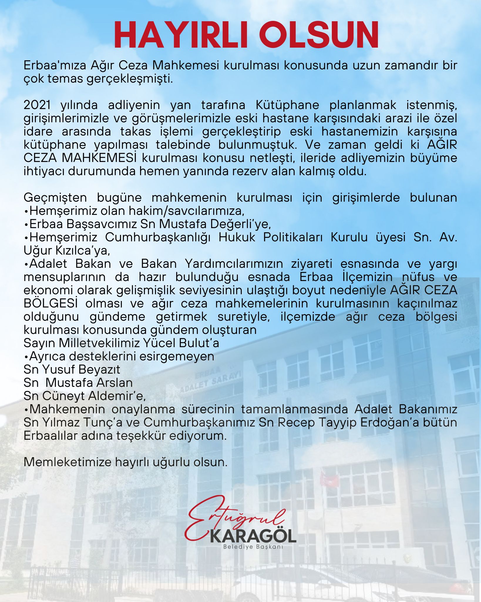 Erbaa'mıza Ağır Ceza Mahkemesi Kuruldu